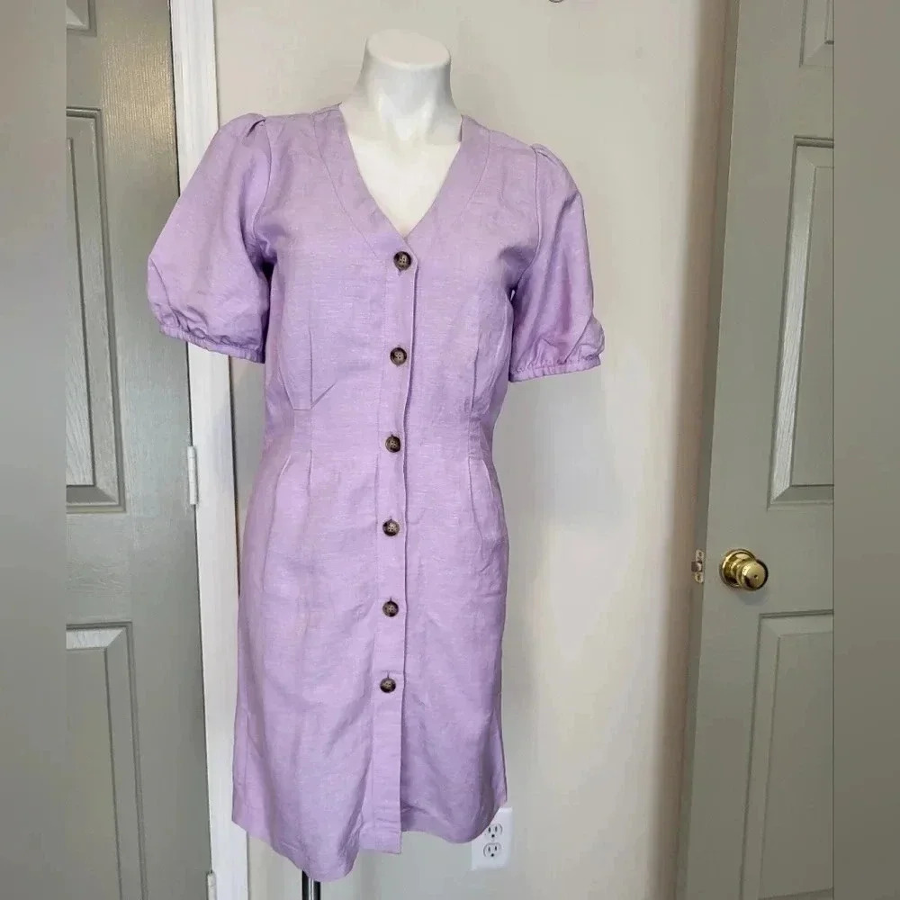 LOFT Lavender Puff-Sleeve Button-Front Dress